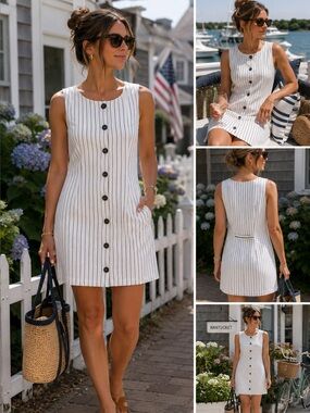 AVARA White Navy Pinstripe Button Front Sleeveless Midi L Dress Coastal Prep